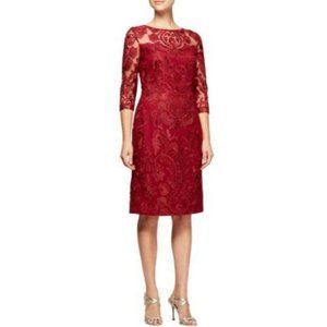 Alex Evenings Dress 12 Red 3/4 Long Sleeve Wedding Cruise Party Washable